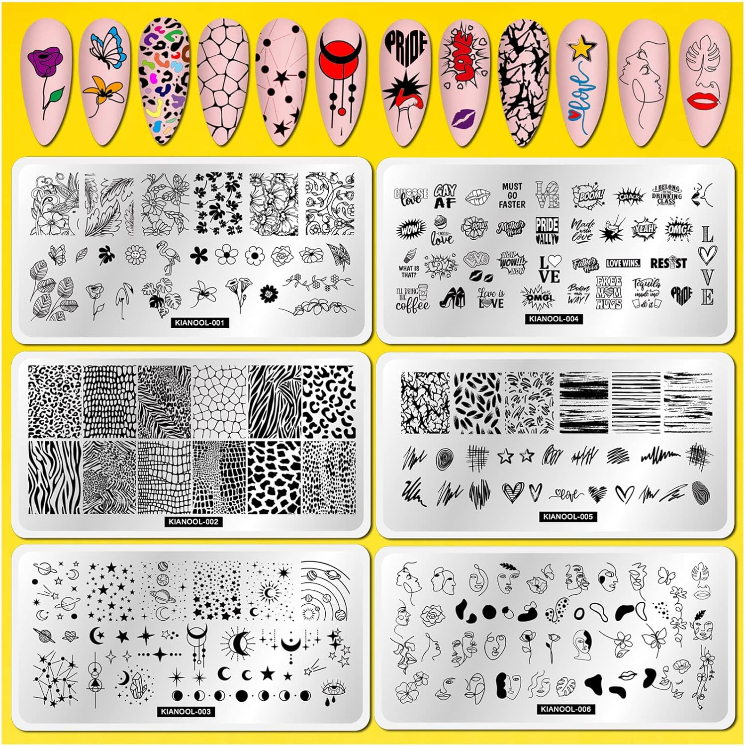 Flower Leaf Nail Stamping Plate 6 Pcs Nail Stamp Plates with Leopard Print Heart
