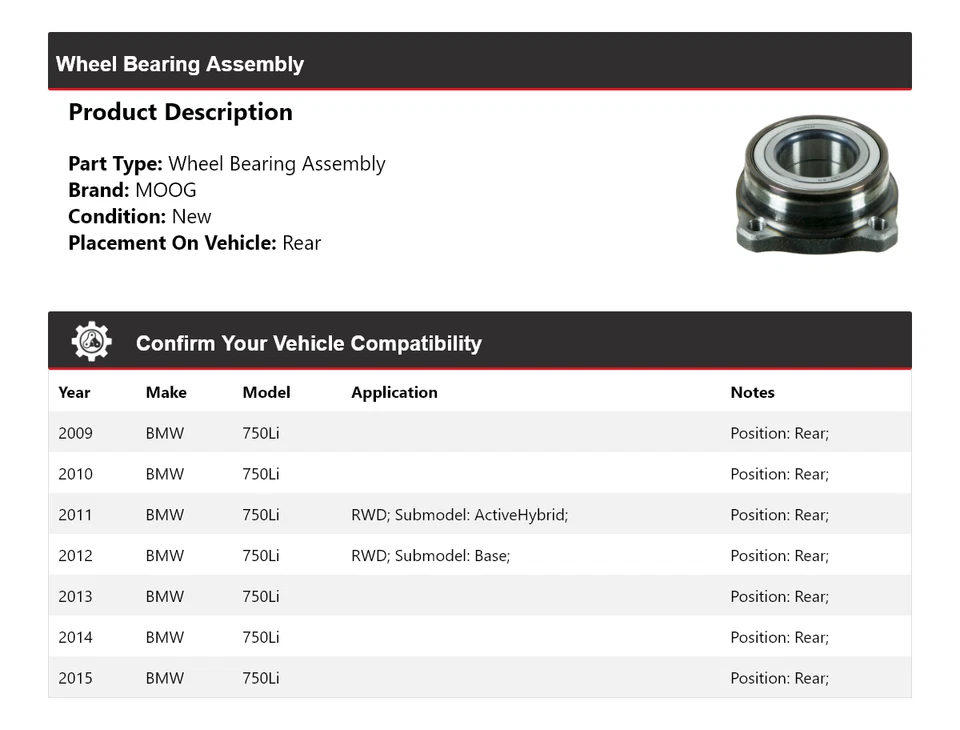 Conjunto de cojinete de rueda trasero MOOG 2009 2010 2011 2012 BMW 750Li 2009-2015 Foto 2 de 4