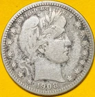 1908-O U.S. BARBER SILVER QUARTER 25c COIN (Fine/VF), Partial “LIBERTY”