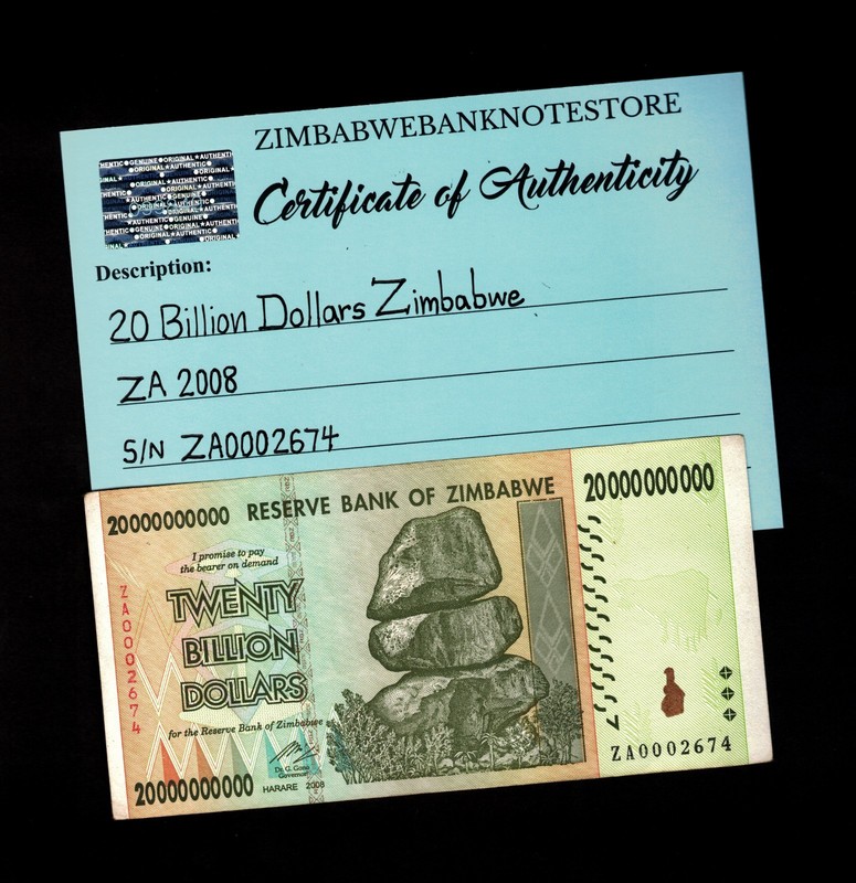 Zimbabwe 20 Billion Dollars Replacement Banknote 2008 COA Authentic ZA002674