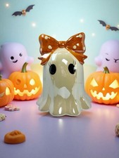 Viral Ghost With Orange  White Polka Dot Bow Halloween Figurine 8  