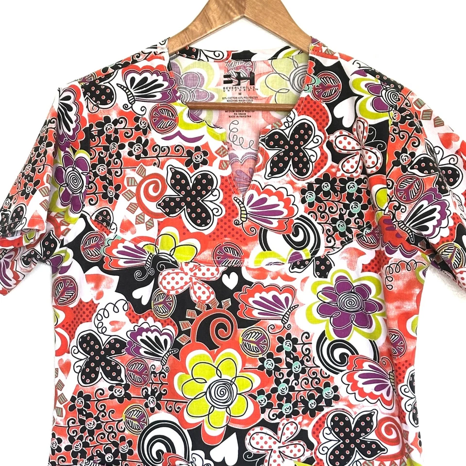 Beverly Hills Uniforms Scrub Top Women's Medium Floral Short Sleeve Pockets Top - Image 3 of 4