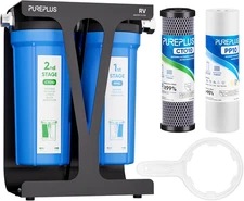 RV Dual Stage Water Filter System with Two Cartridges and Mounting Bracket, NSF/