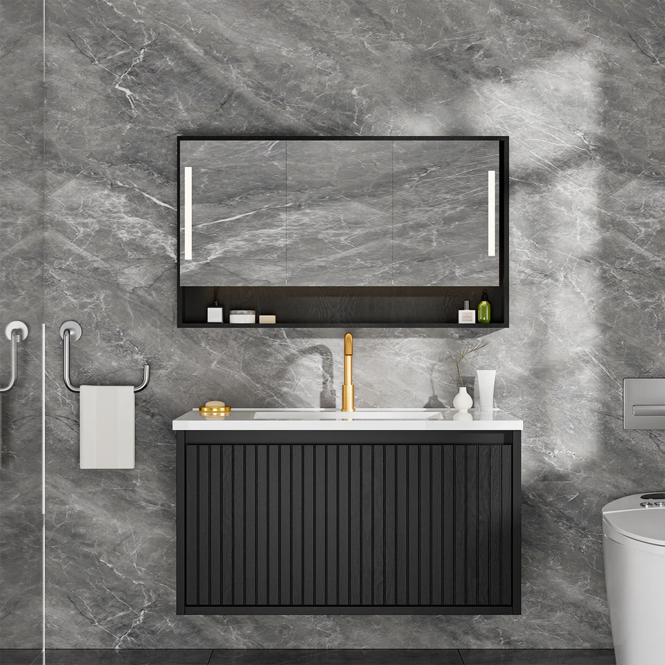 Mueble tocador de baño de 30 pulgadas con fregadero de cerámica - negro montado en la pared flotante Foto 2 de 4