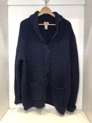 Vintage LL Bean Cardigan Sweater XXL Navy Blue 100% Lambswool Grandpa