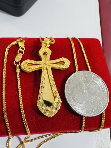 New Pure 22K 916 Real Yellow Dubai Gold 22” Long Cross Set Necklace 1.6mm 9g - Picture 4 of 24