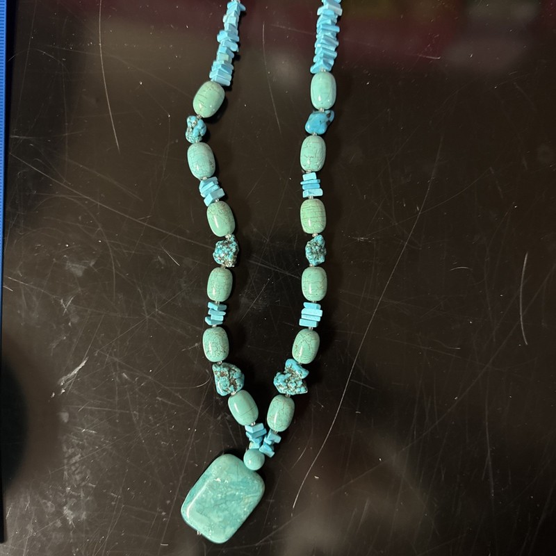 Turquoise Chunk With Turquoise Square Pendant Necklace