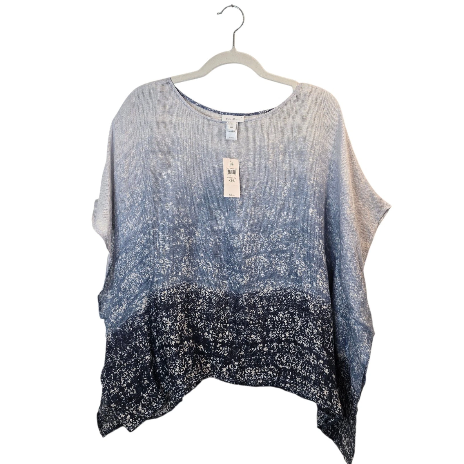 Pure Jill Poncho Top Women XS/S Blue NWT Linen Ombre Floral Kaftan Blouse