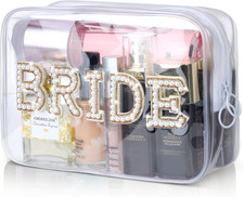 Bride Clear Makeup Bag, Bridal hower Gift Engagement Cometic Bag, Bling Pearl Rh