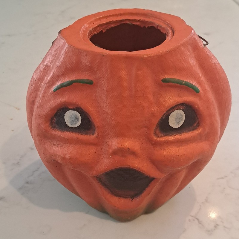 Vintage Paper Mache Halloween Pumpkin Jack-o-lantern w/ Wire Handle Orange
