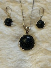 Sterling Silver And Black Etched Onyx Necklace  And Earrings Jewellery Set