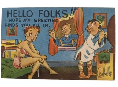 Vintage Linen Comic Postcard Hello Folk Risque Bedroom Humor Buckley Mid-Century