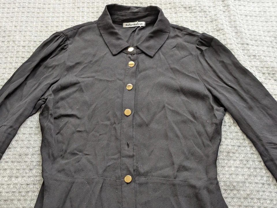 Reformation Shirt Dress Women 8 Black Long Sleeve Missing Button Collar Mini USA - Image 2 of 4