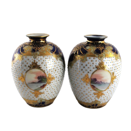 Noritake Pair of Vases Hand Painted Raised Gilding Antique - Picture 1 of 13