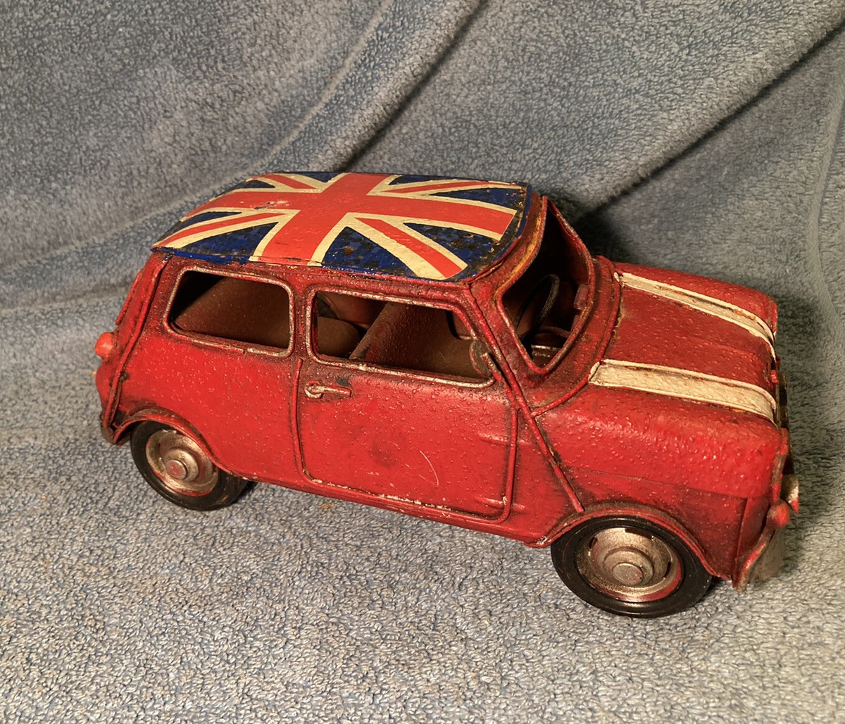 Vintage Retro Red Mini Cooper w/Union Jack Tin Plate Metal