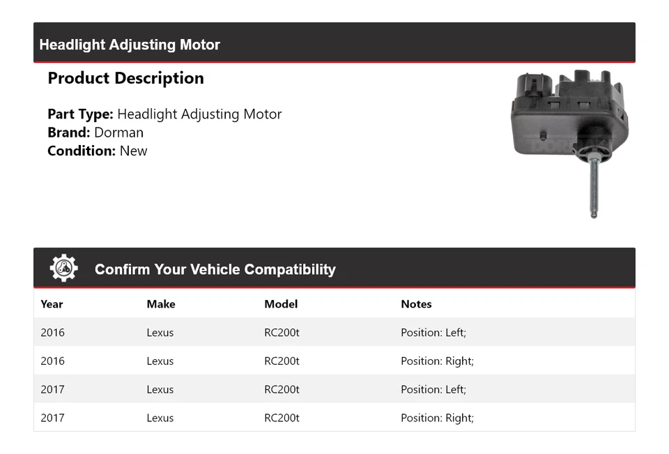 Motor de ajuste de faros Dorman para Lexus RC200t 2016-2017 Foto 2 de 4
