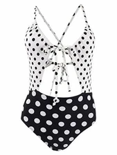 $40 Hula Honey Juniors' Polka-Dotted Cutout One-Piece White Black Size Large
