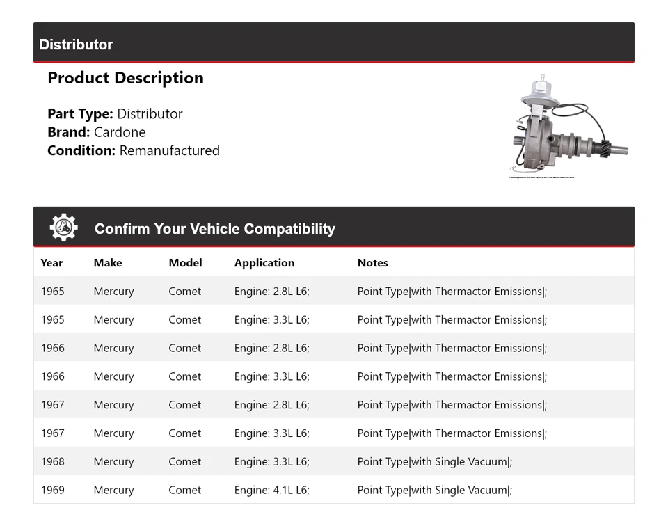 For 1965-1969 Mercury Comet Distributor Cardone 1966 1967 1968 - Image 2 of 4
