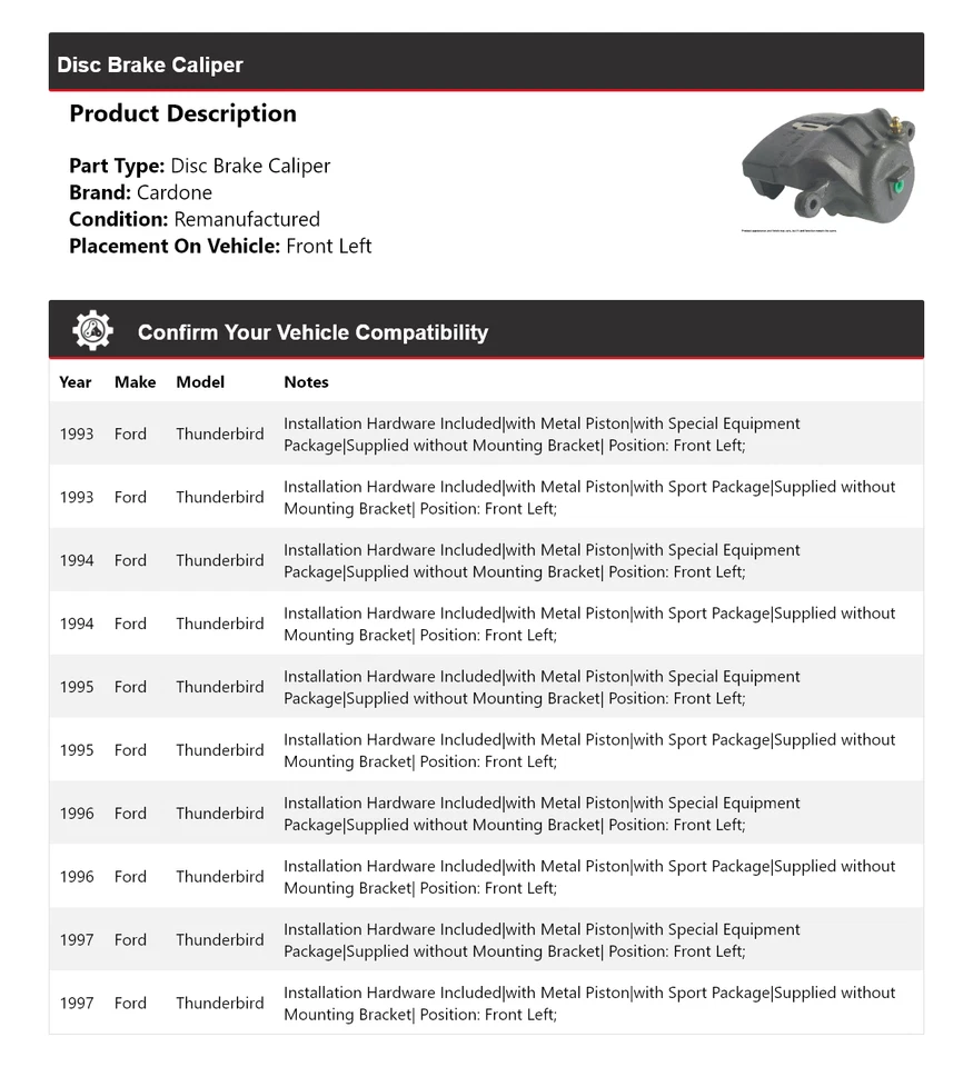 Pinça de freio a disco dianteira esquerda Cardone 1994 1995 Ford Thunderbird 1993-1997 - Imagem 2 de 4