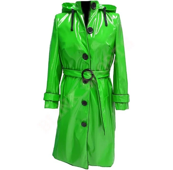 Mujeres PVC Cuero Brillante Capucha Ligero Impermeable Elegante Trench Abrigos Largos Foto 2 de 4