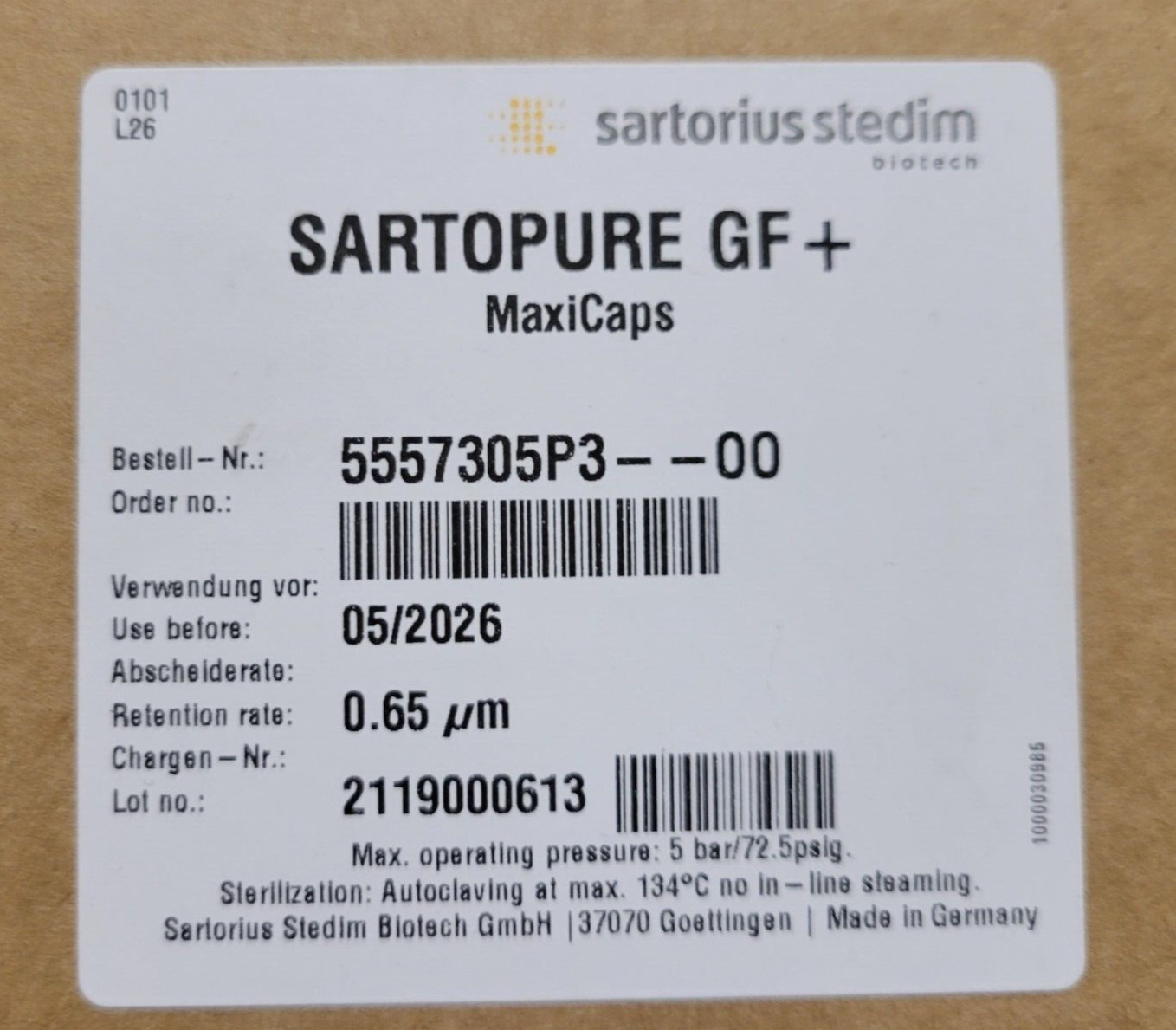 1 box 5557305P3--00 Sartopure Plus Maxicaps 0.65 µm 30"