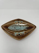 VINTAGE RETRO KITCHY CERAMIC BROWN AND BLUE GLAZED ASHTRAY MADE IN AMERICA