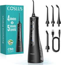 COSLUS Portable Water Flosser for Teeth: 4 Modes & 5 Intensity Levels Black