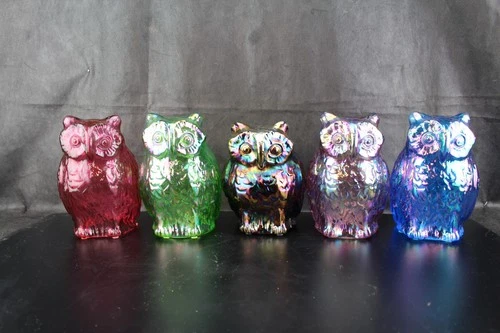 Fenton Levay Carnival Glass Owls - Rare Ruby & Numbered Green