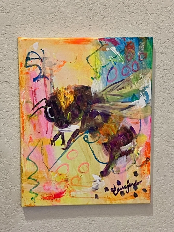 Arte firmado en lienzo GUAJARDO Expresionismo Original Neón Big Bee 14X11 Foto 2 de 4