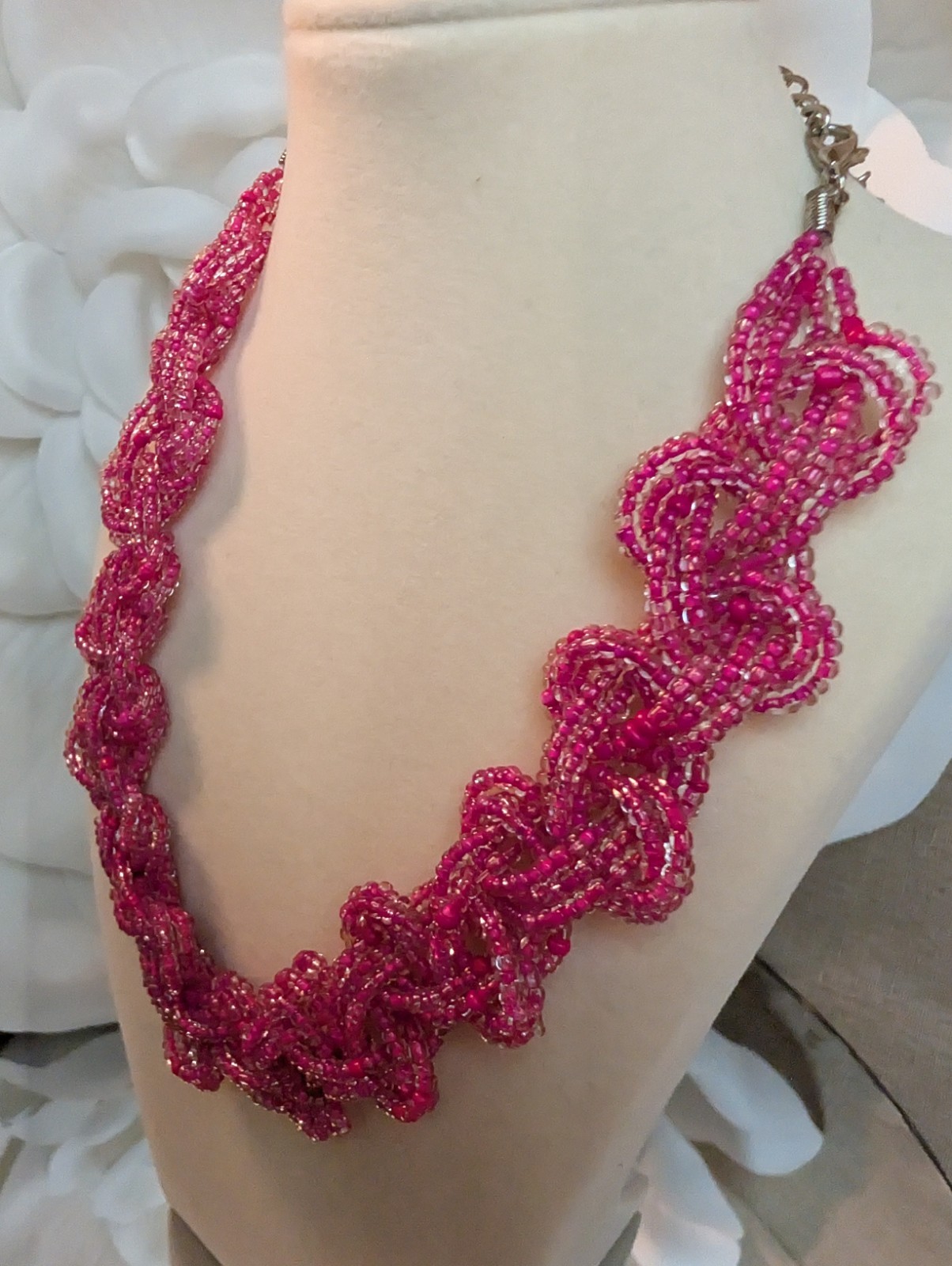 Pink Beaded Statement Necklace Loop Design Glass … - image 4