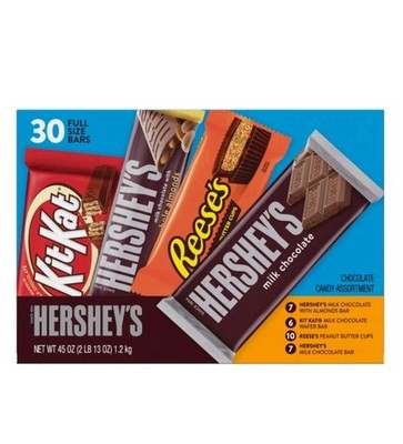 Hershey Chocolate Candy Variety Pack Full Size Bars Reeses Kit Kat 45 oz 30 Ct