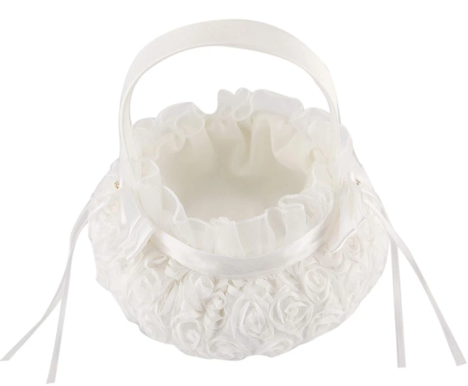 Cesta de tela de seda con moño boda ceremonia fiesta rosa flor niña (blanca) (blanca... Foto 2 de 4