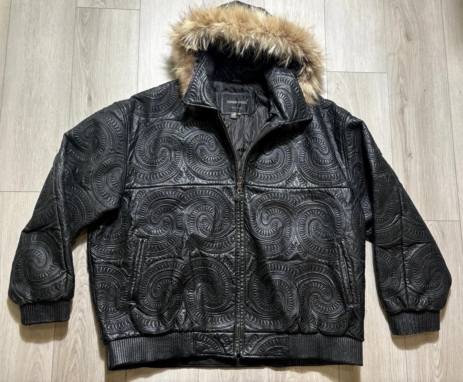 VTG 90s Tanners Avenue NY Black Embossed Leather Bomber Jacket Real Fur Hood 5XL