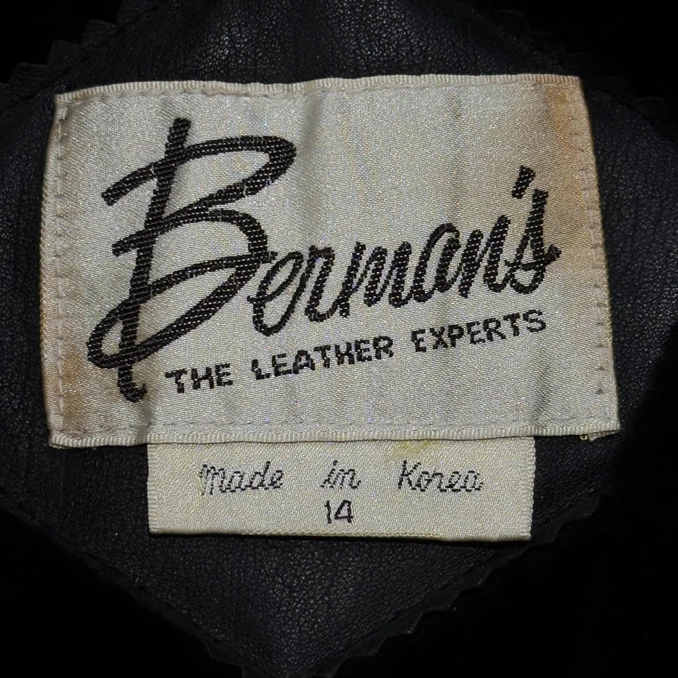 Chaqueta de cuero Bermans vintage para mujer 14 negra bombardero cremallera dobladillo elástico años 80 Foto 3 de 4