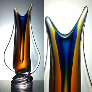  Pustetto &amp; Zanetti, Murano Sommerso Italian Glass Vase -Blue, Amber &amp; Clear