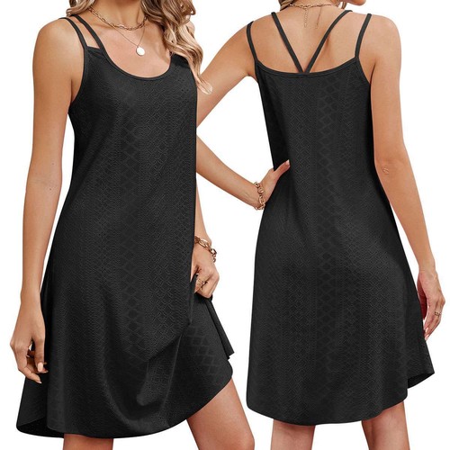 Women Summer Loose Strappy A-line Dress Sleeveless Holiday Beach Mini Sundress - Picture 13 of 20