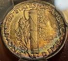1920 Mercury Dime RAINBOW RIM TONED Silver LOOKS Full bands Unc AU ++ PCGS AU58 — photo 2