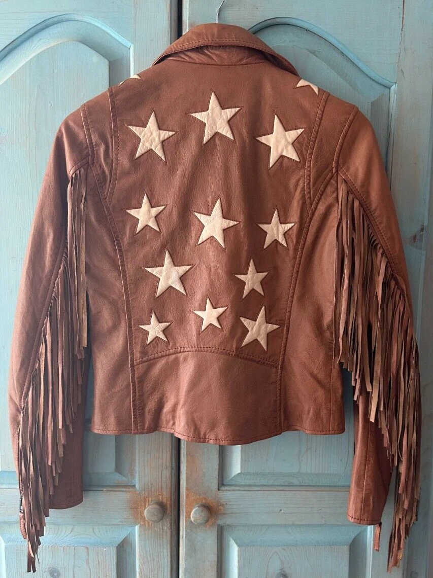 Mauritius Women s Leather Jacket Size 6 XXS Stars Brown Fringe
