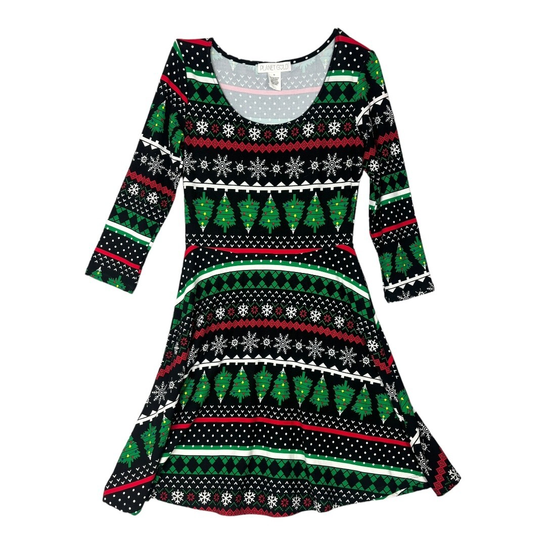 Planet Gold Juniors' Printed Fit & Flare Holiday Dress Medium