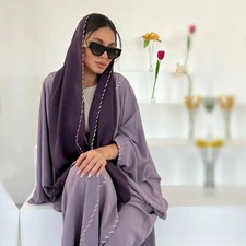 Women Muslim Open Long Dress With Hijab Abaya Dubai Kimono Evening Robe Gown Eid