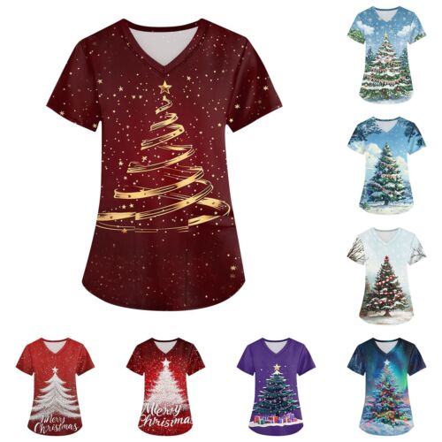 Plus Size Printed Scrub Working Uniform Tops For Women's Cross V Neck Christmas
