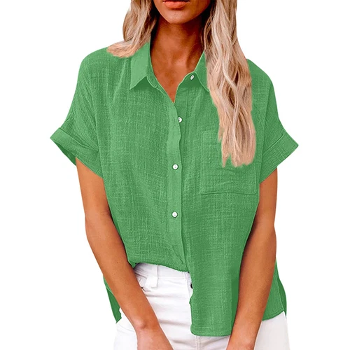 Womens Cotton Linen Casual Blouse Ladies Button T Shirt Short Sleeve Tops - Bild 61 von 72