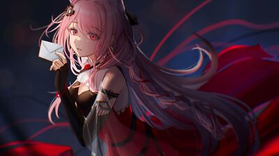 Anime girls pink hair eyes opera gloves red dress Play Gaming Mat Desk