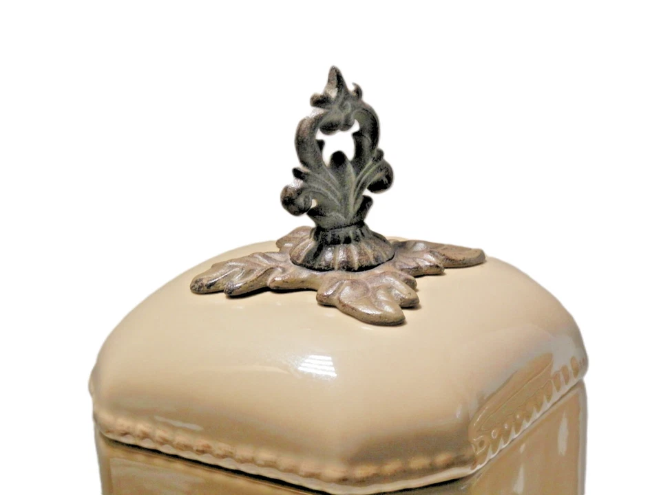 Gracious Goods Acanthus LARGE Ceramic Canisters Cookie Jar Lid Metal Stand TAUPE - Image 2 of 4