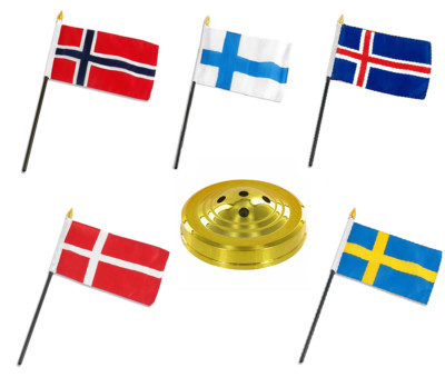 Scandinavia Scandinavian Countries 5 Flag Set 5 Flags 4''x6'' Desk Set Gold Base