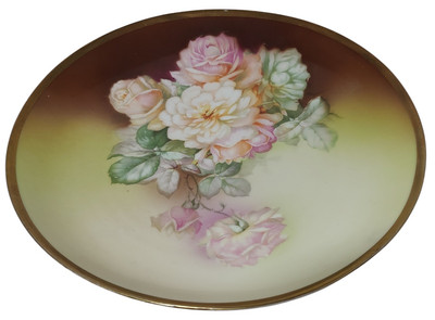 Antique Weimar Porcelain Plate Hand Painted Pink Roses Germany Gold Trim 8.5 In