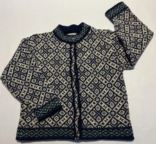 LL Bean Girls XL Fair Isle Cardigan Blue White Green Wool Blend Winter VTG