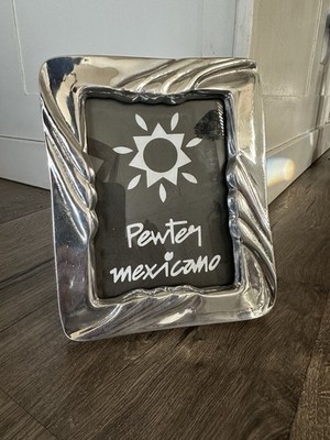 Small Rectangular Mexican Handmade Pewter Picture Frame w/Wood Back & Stand