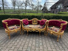 Sofa Set French Louis XVI Gold Beech Burgundy Velvet Scenic Suite