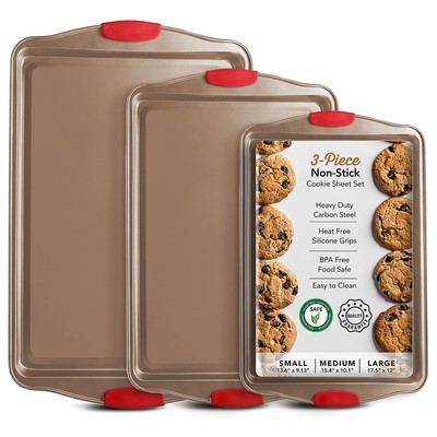 Baking Sheet Set, 3-Piece Cookie Sheet Set with Silicone Handles, Nonstick St...